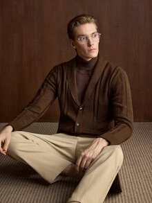 Manfinity CityGents 男士披肩領秋冬長袖鈕扣針織開襟衫，適合批發採購 - 棕色 - 查看 1