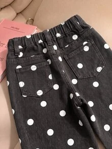 SHEIN Vintaside Kids 女嬰牛仔長褲，四季皆宜，柔軟棉質，休閒時尚百搭舒適，極簡風彈性腰頭，經典五口袋款式，棕色波點印花布料，寬鬆直筒版型，杏色水洗軟牛仔，適合日常穿著與度假 - 彩色 - 查看 5