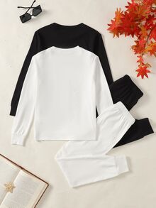 SHEIN 青少年女孩 2 件套，圓領套頭長袖修身上衣與長褲，黑白配色 - 彩色 - 查看 2