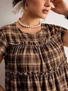 Freevana Women's Plus-Size Short-Sleeve Brown Plaid Shirt, Loose-Fitting Top With Ruffles; Elegant For Casual Outings, Boho, Suitable For Autumn And Winter - Multicolor - View 3