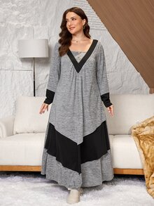 Lacomfia Plus Size Women's Knitted Grey & Color Block Patchwork Loose Fit Long Sleeve Multi-Layered Ruffle Hem Dress, Suitable For Casual Daily Occasions - Grey - View 6
