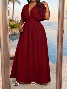 SHEIN Lady CURVE 大尺碼 V 領高腰純色百褶蝙蝠袖洋裝 - 酒紅色 - 查看 3