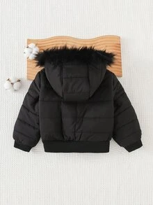 SHEIN 女嬰人造毛飾邊連帽長袖厚棉外套，適合滑雪、戶外、徒步、出遊、度假及各種場合，休閒百搭時尚 - 黑色 - 查看 4