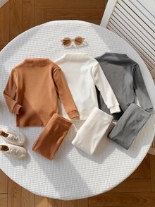 SHEIN 6件組嬰兒男嬰女嬰貼身睡衣，秋冬圖案針織柔軟圓領長袖套頭上衣，鬆緊腰長褲，基礎睡衣多件套裝，嬰兒居家服，秋冬家居服 - 彩色 - 查看 7
