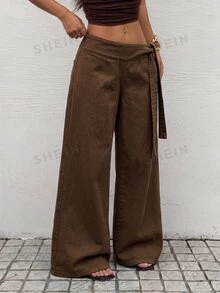 SHEIN Tall 高挑時尚白色繫帶水洗牛仔寬腿褲 - 咖啡棕 - 查看 3