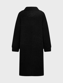 Balvessa Women's Loose Collar Mid-Length Knit Cardigan, Thick Chunky Stripe Design, Button Front Open Sweater Jacket With Pockets, Casual Street Style Autumn/Winter Daily Wear - Black - View 4