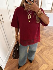 SHEIN EZwear 女款圓領素色蕾絲拼接時尚休閒T恤 - 酒紅色 - 查看 6
