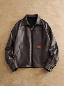 HIMLAND Men's Casual Woven PU Leather Lapel Jacket Suitable For Daily Wear - Rust Brown - View 1