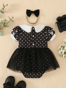SHEIN Playful Pals 女嬰連身衣新生兒洋裝套裝 印花 米色卡其色連身衣 - 黑色 - 查看 2