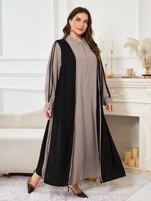 Al Najma 2 Pieces Style Khaki & Black Colorblock Button Decor Long Sleeve Loose Dress, Fashion Traditional Elegant Versatile Slimming Plus Size Arabian Dress - Black - View 3