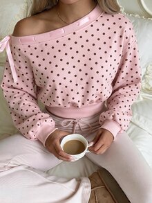 CovetEZ 女款時尚不對稱肩領蝴蝶結裝飾波點短版運動衫 - 淺粉色 - 查看 3