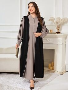 Al Najma 2 Pieces Style Khaki & Black Colorblock Button Decor Long Sleeve Loose Dress, Fashion Traditional Elegant Versatile Slimming Plus Size Arabian Dress - Black - View 5