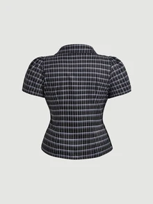 SHEIN MOD 大尺碼學院風格紋鈕扣百褶短袖襯衫，夏季款 - 黑色 - 查看 2