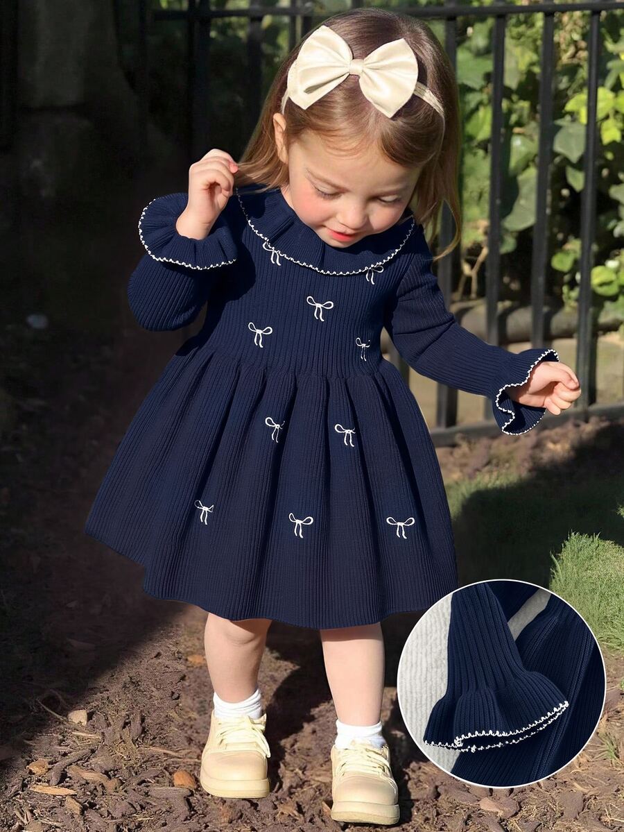 SHEIN Baby Girl Solid Color Knitted Ruffle Round Neck Bow Pattern Casual Sweater Dress - Navy Blue - View 1