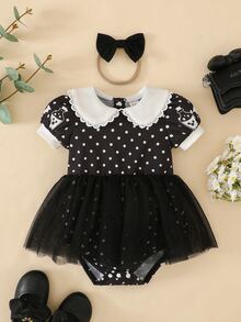 SHEIN Playful Pals 女嬰連身衣新生兒洋裝套裝 印花 米色卡其色連身衣 - 黑色 - 查看 3