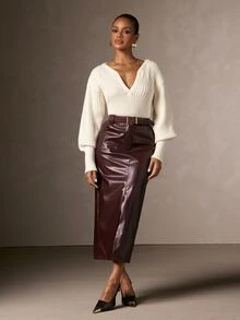 Hauture Women's Elegant Autumn/Winter V-Neck Lantern Sleeve Ribbed Sexy Casual Sweater Top, Perfect For Chic Office Wear, Going Out, Concerts, Dinners - Apricot - View 2