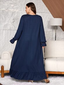 Lacomfia Plus Size Women's Loose Casual A-Line Square Neck Long Sleeve Colorblock Patchwork Knit Dress, Autumn - Navy Blue - View 2