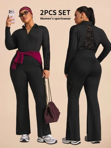 Rhythm Era Women's Plus Size Sports Tight Lifting Set, Sports Jacket With Mesh Patchwork Geometric Pattern And Yoga Pants, Suitable For Sports, Daily Wear, Yoga, Running - Black - View 1