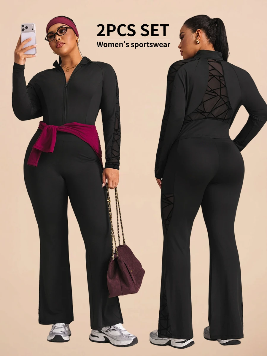 Rhythm Era Women's Plus Size Sports Tight Lifting Set, Sports Jacket With Mesh Patchwork Geometric Pattern And Yoga Pants, Suitable For Sports, Daily Wear, Yoga, Running - Black - View 1
