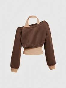SHEIN MOD Women's Halter Neck Asymmetric Shoulder Eyelet Long Sleeve Casual Sweatshirt - Brown - View 2