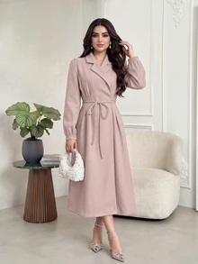 Feyla Women's Sweet Lapel Long Sleeve Dress For Vacation And Dating - Pink - View 4