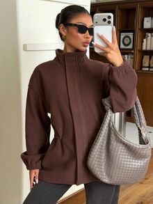 Muchica Women's Autumn/Winter New Brown Fleece Waist-Cinching Casual Jacket - Brown - View 3