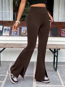 SHEIN EZwear 女款休閒秋冬咖啡棕針織修身喇叭褲 - 棕色 - 查看 3