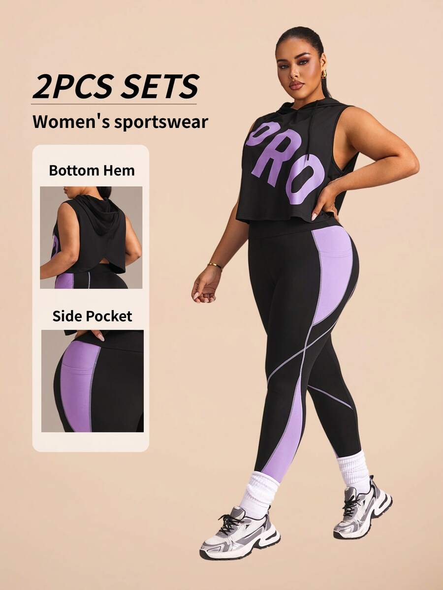 SHEIN Rhythm Era Women's Sports Yoga Outdoor Gym Workout Set Drawstring Hooded Sleeveless Loose Sweatshirt With Curved Chest Colorblock Design And Tight Leggings With Line And Colorblock Contrast - Multicolor - View 1