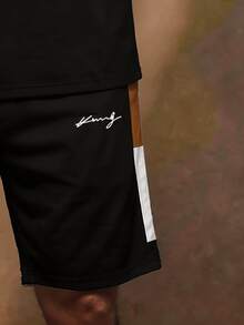 Fenqiro Men's Striped Colorblock Short Sleeve T-Shirt And Letter Print Shorts Set - Multicolor - View 3