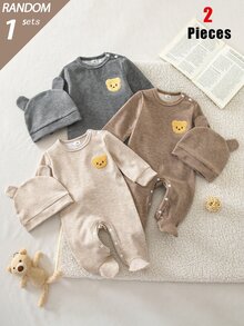 SHEIN 盲盒 3 件套 秋冬複合抓絨條紋印花熊刺繡圖案長袖連身衣，含足套褲與帽子 2 件組合，熱銷款舒適柔軟面料睡衣家居服 - 灰色 - 查看 2