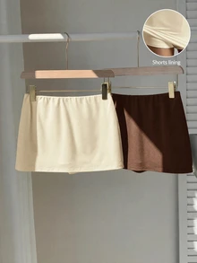 SHEIN EZwear 2件組女款純色休閒百搭裙褲 - 棕色 - 查看 3