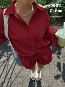 Muchica 女款夏季新款休閒度假白色編織襯衫短褲套裝 - 酒紅色 - 查看 5