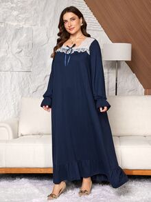 Lacomfia Plus Size Women's Loose Casual A-Line Square Neck Long Sleeve Colorblock Patchwork Knit Dress, Autumn - Navy Blue - View 6