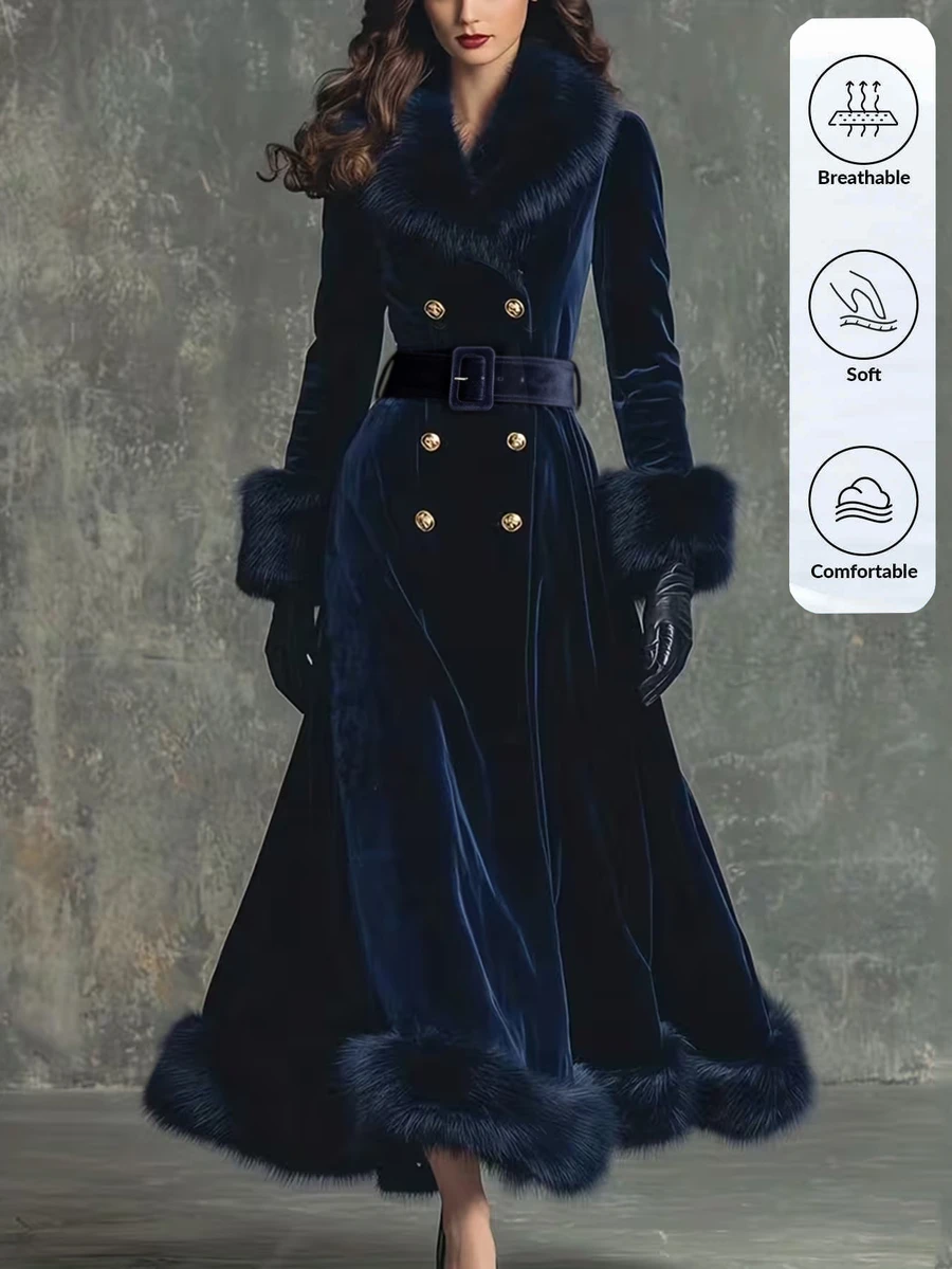 Omancia Women's Solid Color Fur Collar Long Sleeve Double-Breasted Elegant Mid-Length Dress - Blue - View 1