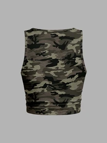 Slaydiva Women's Plus Size Fashion Vintage Short Camouflage Tank Top - White - View 2