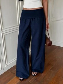 SHEIN EZwear 女款素色梭織長褲 - 藏蓝色 - 查看 3