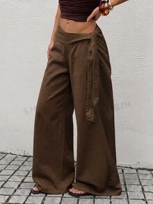 SHEIN Tall 高挑時尚白色繫帶水洗牛仔寬腿褲 - 咖啡棕 - 查看 5