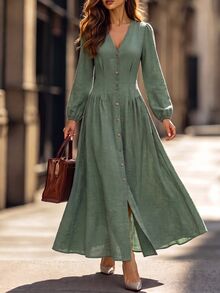 Editum Women's Elegant Button Pleated Waist Long Sleeve Dress - Dark Green - View 6
