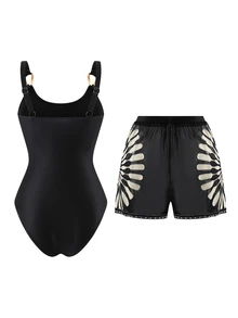 Swim Oasis 2pcs Vintage One-Piece Swimsuit Set, One-Piece Swimsuit With Mesh Shorts And Asymmetrical Metal Buckle - Black - View 2