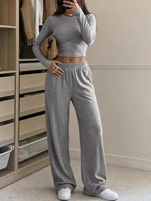 SHEIN EZwear 女款圓領長袖灰色針織休閒運動套裝 - 灰色 - 查看 4