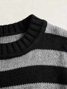 SHEIN EZwear 條紋復古風喇叭袖針織衫 秋冬款 - 黑色 - 查看 6