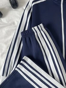 青少年女孩 2 件套：海軍藍連帽拉鍊夾克、上衣與寬鬆鬆緊腰寬腿休閒長褲，休閒運動學院風，百搭舒適秋季日常穿搭 - 藏蓝色 - 查看 4