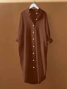 EMERY ROSE Camisa larga de talla grande con botones delanteros de unicolor para otoño - Café integral - Ver 5