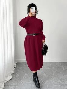 SHEIN Tall CURVE 大尺碼女款秋冬休閒優雅寬鬆高領拉鍊袖針織長洋裝 正式辦公波爾多紅 - 酒紅色 - 查看 5