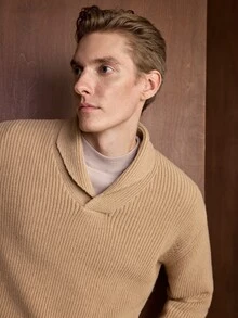 Manfinity CityGents Men's Minimalist V-Neck Turn-Down Collar Long Sleeve Sweater For Commuting - Camel - View 7