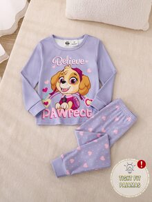 SHEIN | PAW Patrol 聯名IP主題可愛少女彩虹印花上衣與滿版愛心波點長褲2件套，高彈力面料長袖長褲家居服套裝 - 紫色 - 查看 1