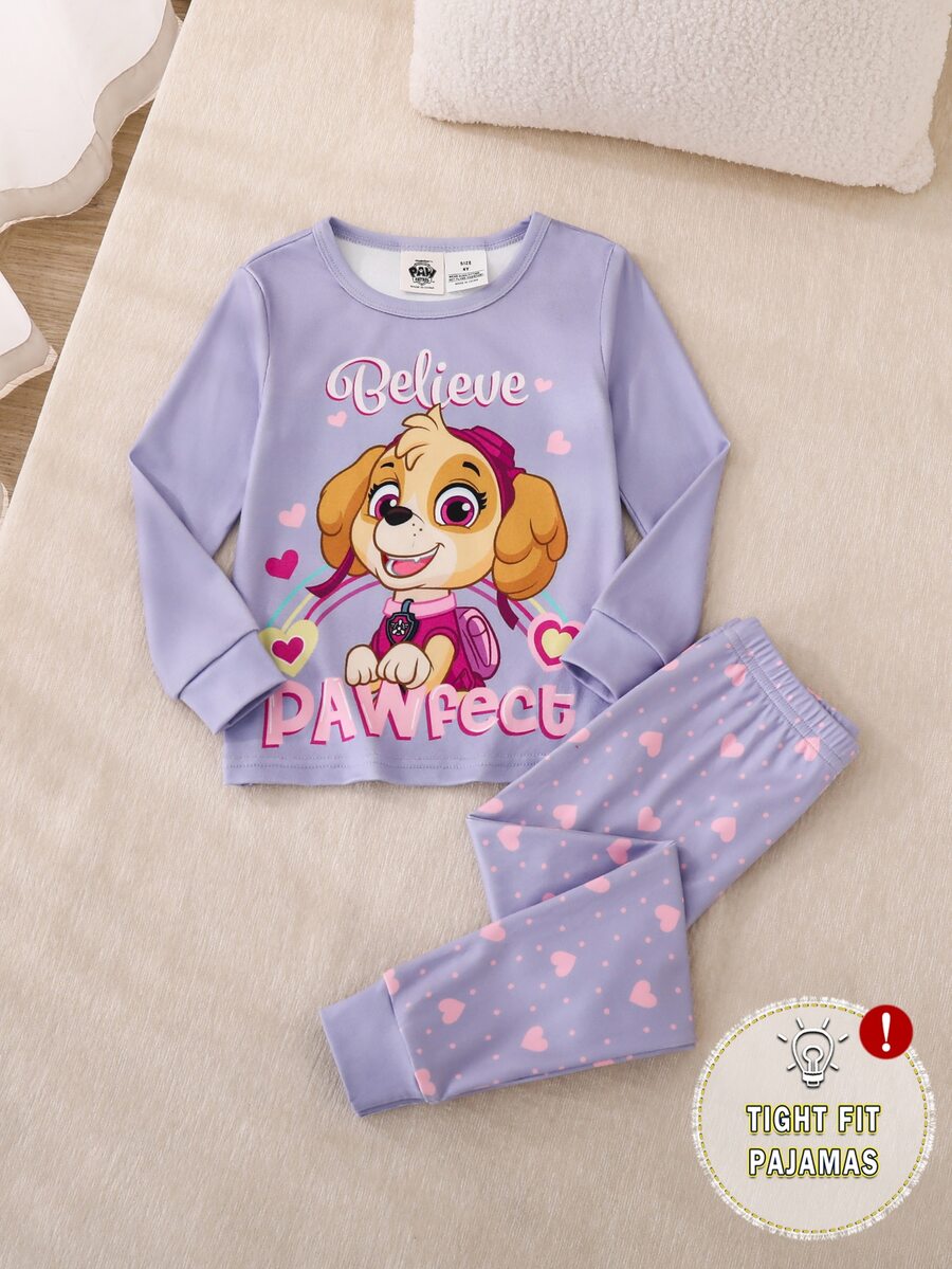 SHEIN | PAW Patrol 聯名IP主題可愛少女彩虹印花上衣與滿版愛心波點長褲2件套,高彈力面料長袖長褲家居服套裝 - 紫色 - 查看 1
