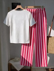 SHEIN EZwear 女款字母與水果印花短袖上衣搭配配色條紋長褲兩件套 - 玫紅色 - 查看 2