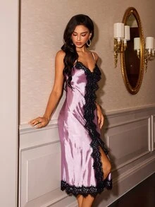 Slumberist Lace Trim Patchwork Faux Silk Hem Slit Sexy Cami Nightgown - Violet Purple - View 3