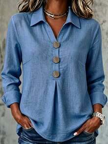 Holdful Holdful New Style Lapel V-Neck Design Versatile Button-Down Women's Shirt - Blue - View 1